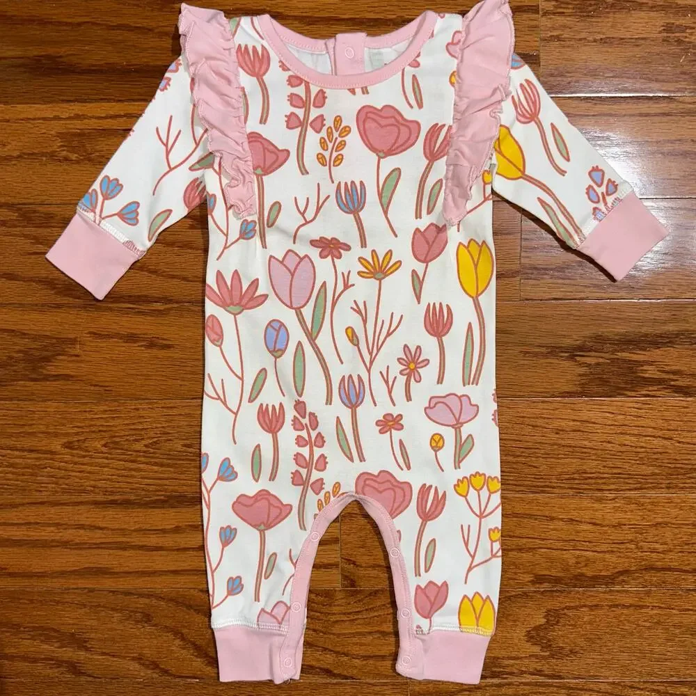 M+A Monica + Andy Pink Floral Organic Cotton Long Sleeve Ruffle Romper Size 3-6M